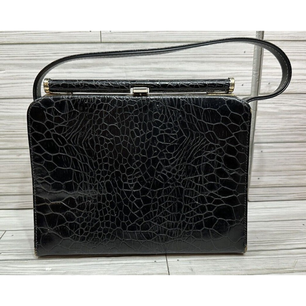 VTG 60s MAR-SHEL Kelly Handbag 9"x 7" Stunning Black Snakeskin Reptile Clasp